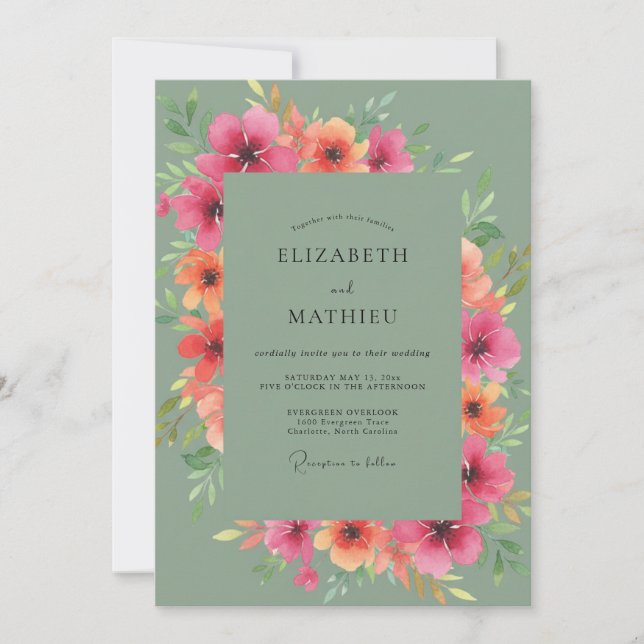 Pink Sage Botanical Watercolor Wedding Invitation (Front)