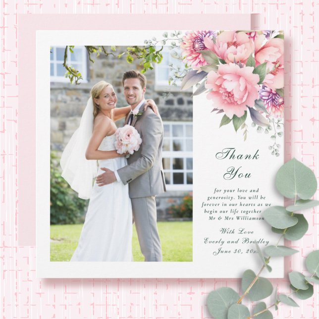 Pink Sage Emerald Floral Script Wedding Thank You Invitation (Creator Uploaded)