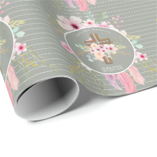 Pink Sage Floral Cross BAUTIZO Baptism Bautismo Wrapping Paper
