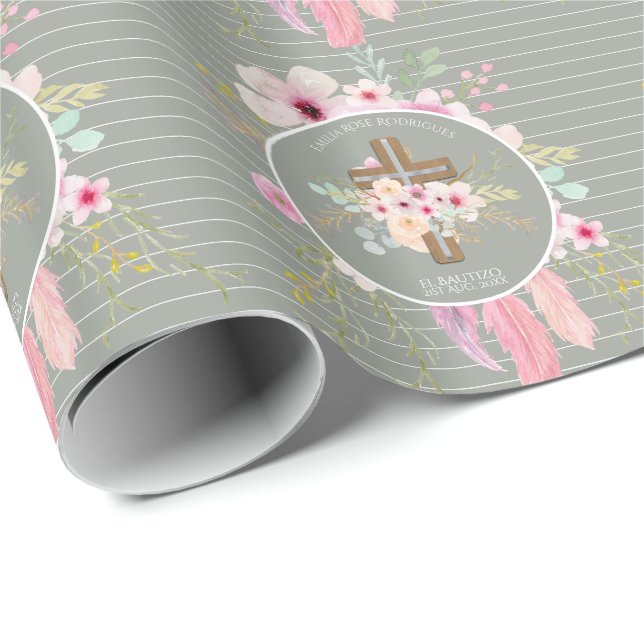 Pink Sage Floral Cross BAUTIZO Baptism Bautismo Wrapping Paper (Roll Corner)