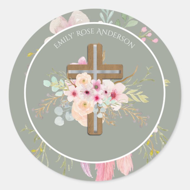 Pink Sage Floral Cross Girls Baptism Flower Pretty Classic Round Sticker (Front)
