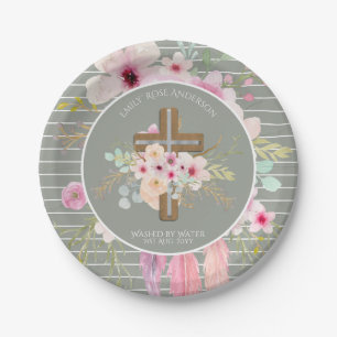 Pink Sage Floral Cross Girls Baptism Flower Pretty Paper Plate