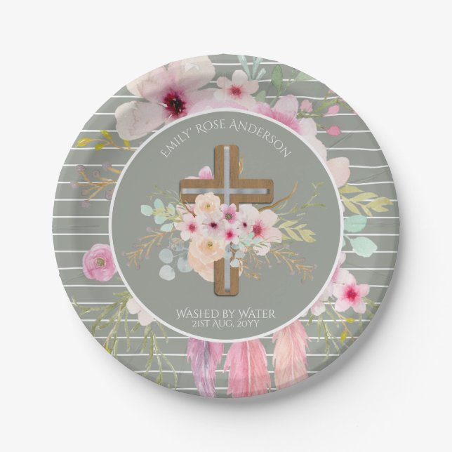 Pink Sage Floral Cross Girls Baptism Flower Pretty Paper Plate (Front)