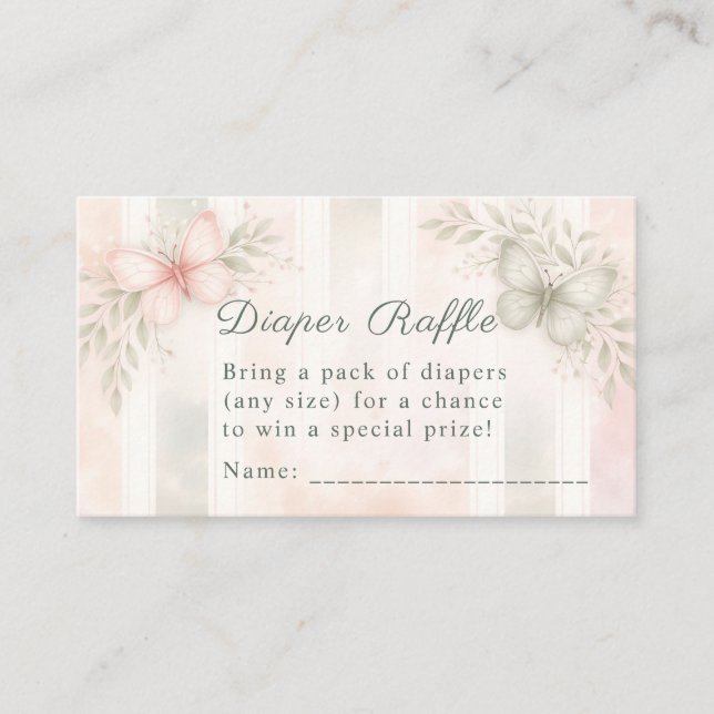Pink Sage Green Butterfly Diaper Raffle Enclosure Card (Front)