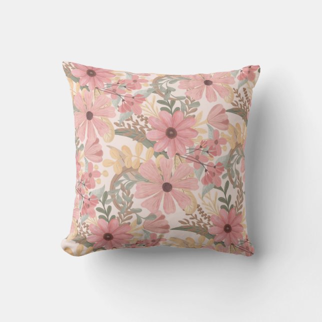 Pink Sage Green Floral Leaves Watercolor Pattern Cushion (Front)