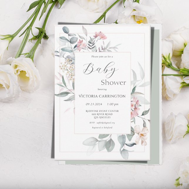 Pink & Sage Green Floral Modern Baby Shower Invitation (Creator Uploaded)