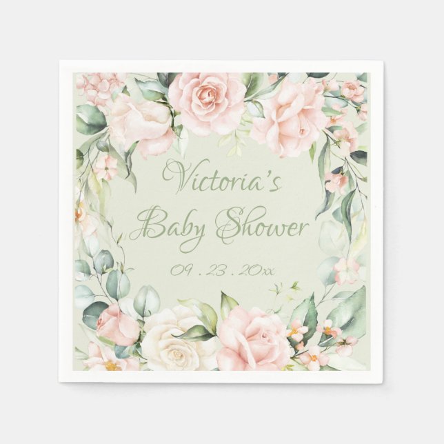 Pink Sage Green Floral Personalised Baby Shower  Napkin (Front)