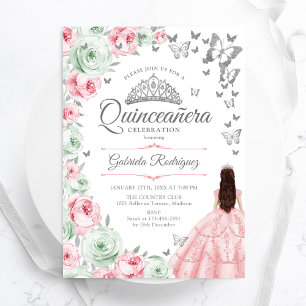 Pink Sage Green Floral Roses Quinceanera Invitation