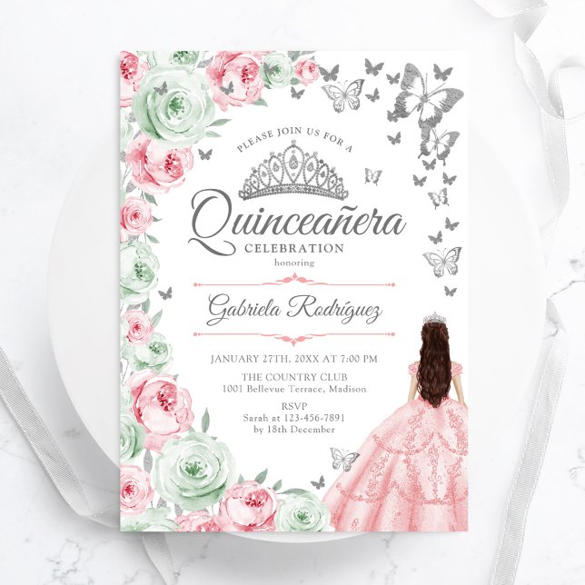 Pink Sage Green Floral Roses Quinceanera Invitation (Creator Uploaded)
