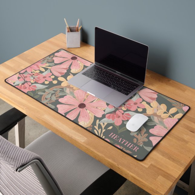 Pink Sage Green Flowers Leave Watercolor Pattern Desk Mat (Office 2)
