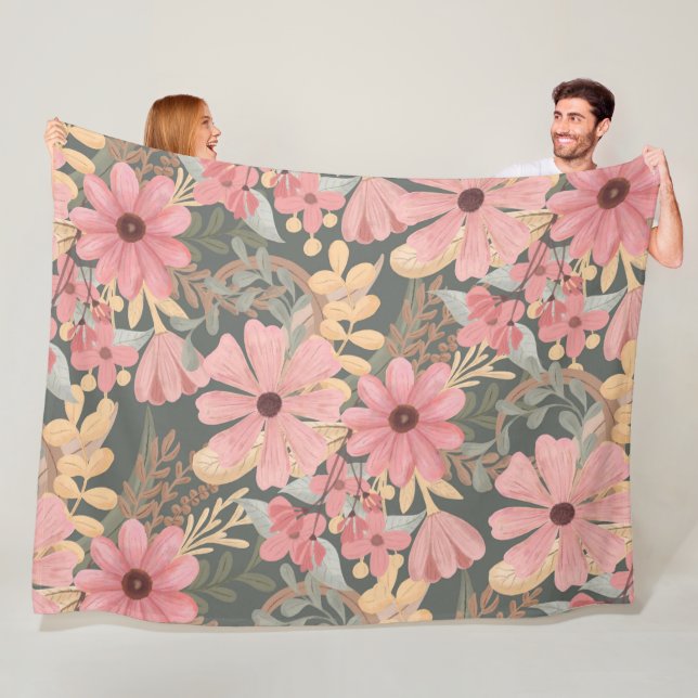 Pink Sage Green Flowers Leave Watercolor Pattern Fleece Blanket (In Situ)