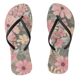Pink Sage Green Flowers Leave Watercolor Pattern Jandals