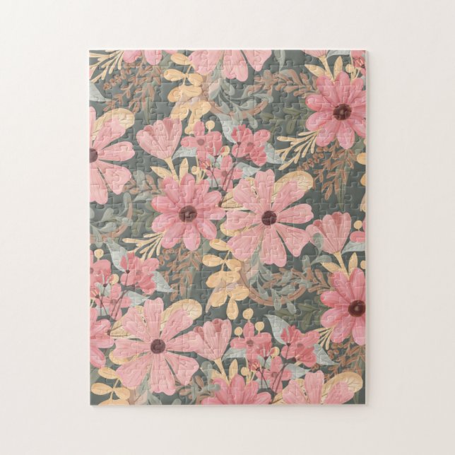 Pink Sage Green Flowers Leave Watercolor Pattern Jigsaw Puzzle (Vertical)