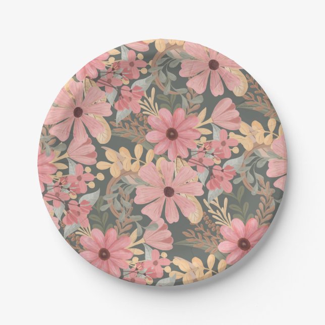 Pink Sage Green Flowers Leave Watercolor Pattern Paper Plate (Front)
