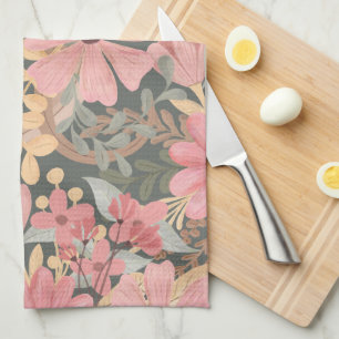 Pink Sage Green Flowers Leave Watercolor Pattern Tea Towel