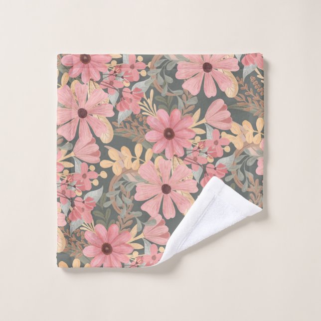 Pink Sage Green Flowers Leave Watercolor Pattern Wash Cloth (Wash Cloth)