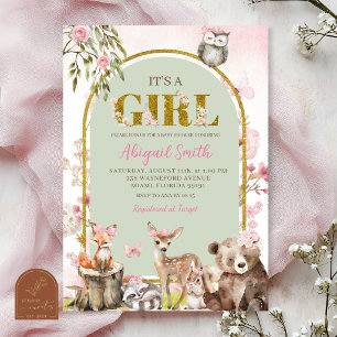 Pink Sage Green Forest Woodland Baby Shower Invitation