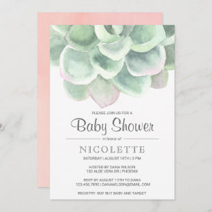 Pink Sage Green Girl Succulent Baby Shower Invitation