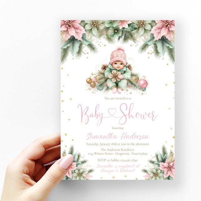 Pink Sage Green Gold Poinsettia Girl Christmas  Invitation (Baby girl pink, green and gold glitter winter holiday Christmas flowers baby shower invitation.)