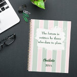 Pink sage green inspirational quote writing 2026 planner<br><div class="desc">Blush pink and sage green stripes with a white brush stroke. Inspiratiional,  motivational Quote:  The future is written by those who dare to plan.  Personalise and add your name and a year.</div>
