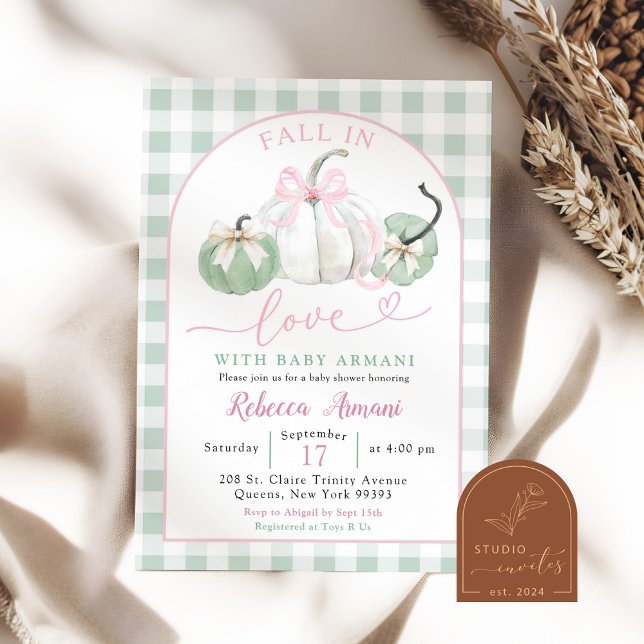Pink Sage Green Preppy Pumpkin Baby Shower Invitation (Creator Uploaded)