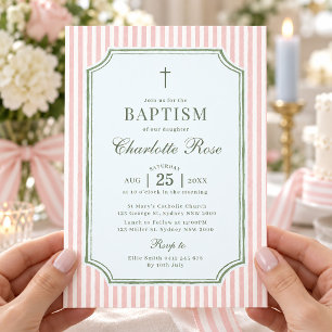 Pink Sage Green Stripe Girl Baptism Christening Invitation
