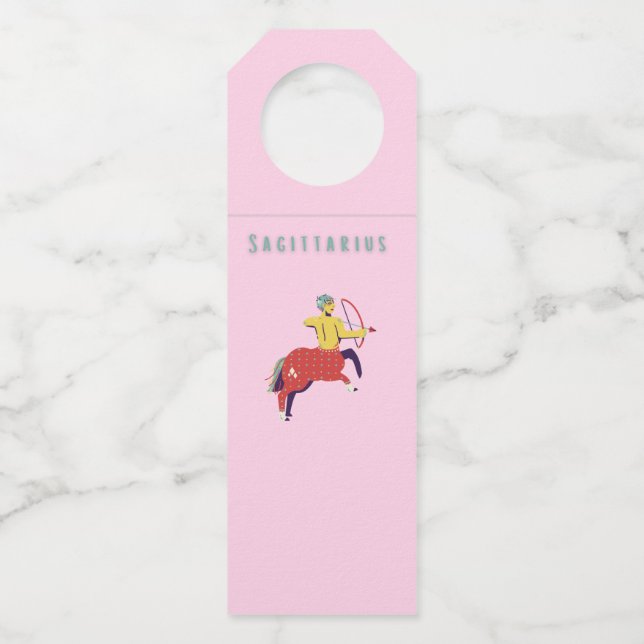 Pink Sagittarius, zodiac, star sign Bottle Tag (Front)
