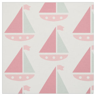 Pink Sailboat Pattern Nautical White Fabric