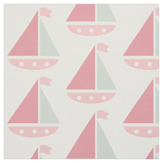 Pink Sailboat Pattern Nautical White Fabric (Swatch)