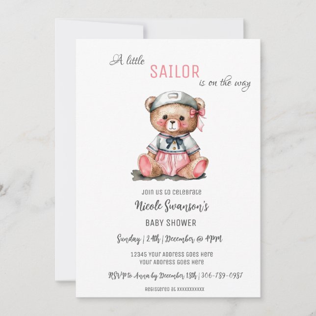 Pink Sailor Nautical Bear Baby Shower Invitation (Front)