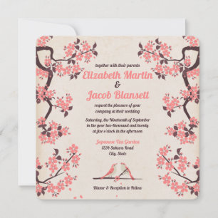 Pink Sakura and Love Birds Wedding Invitation