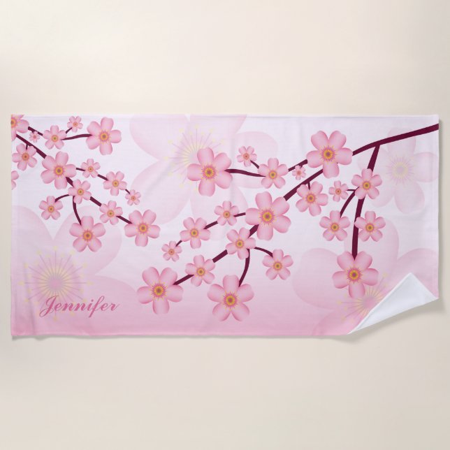 Pink Sakura Bloom Floral Branches With Custom Name Beach Towel (Front)