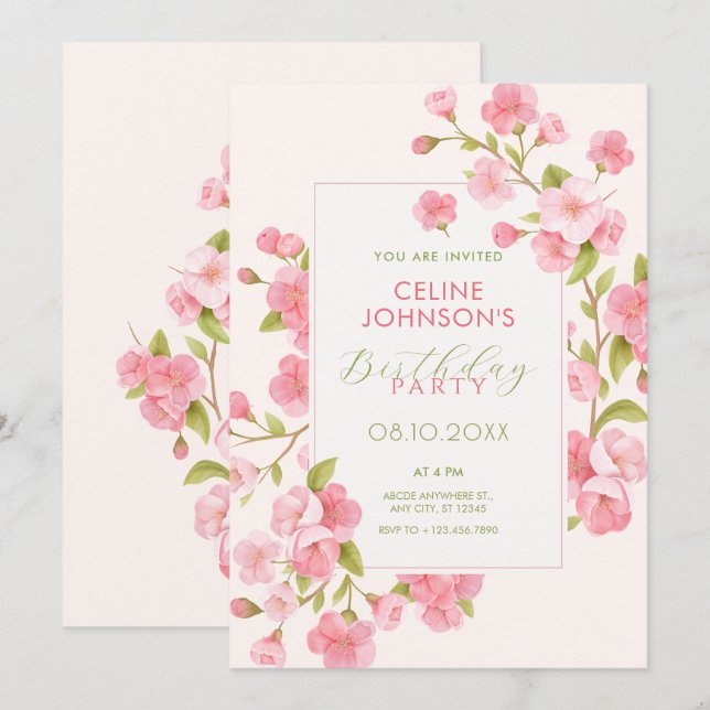 Pink sakura blossom flower bloom  invitation (Front/Back)