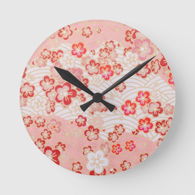 Pink Sakura Blossom Japanese Pattern   Round Clock (Front)