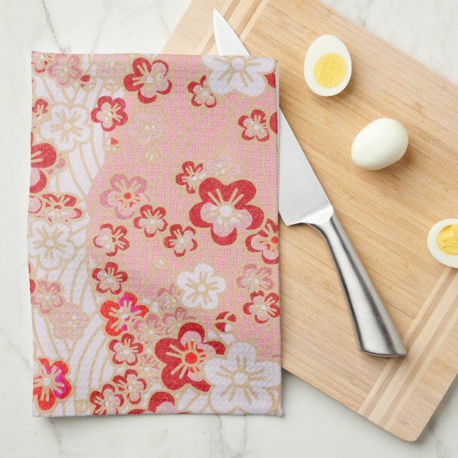 Pink Sakura Blossom Japanese Pattern    Tea Towel (Quarter Fold)