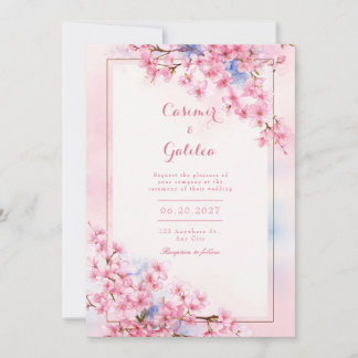 Pink Sakura Blue Watercolor Bronze Frame Wedding Invitation