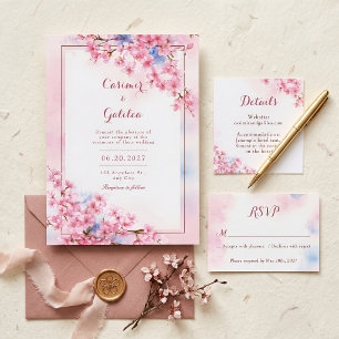 Pink Sakura Blue Watercolor Bronze Frame Wedding Invitation