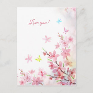 Pink Sakura Butterflies Watercolor Love You Postcard