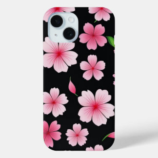 Pink Sakura Cherry Blossom on Black Background iPhone 15 Case