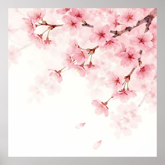 Pink Sakura Cherry Blossom Watercolor Pattern Poster (Front)