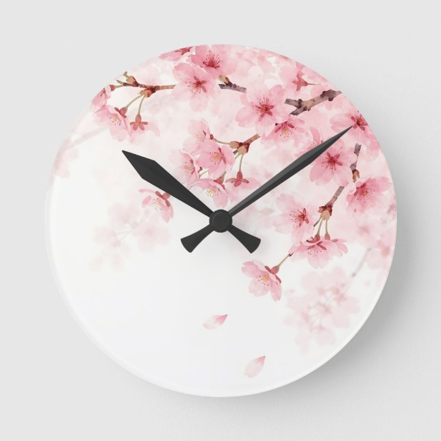 Pink Sakura Cherry Blossom Watercolor Pattern Round Clock (Front)