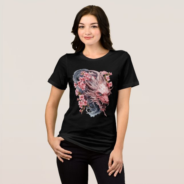 Pink Sakura Dragon with Flowing Mane Tri-Blend Shirt (Front Full)