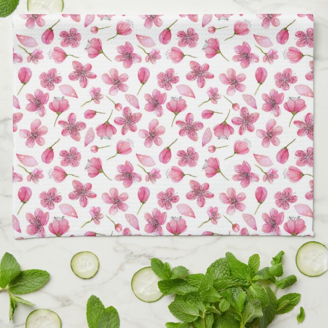 Pink Sakura Flowers Kitchen Towel 16" x 24" (Folded)