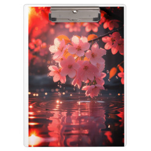Pink Sakura Flowers Over Water   Serene Spring Nat Clipboard