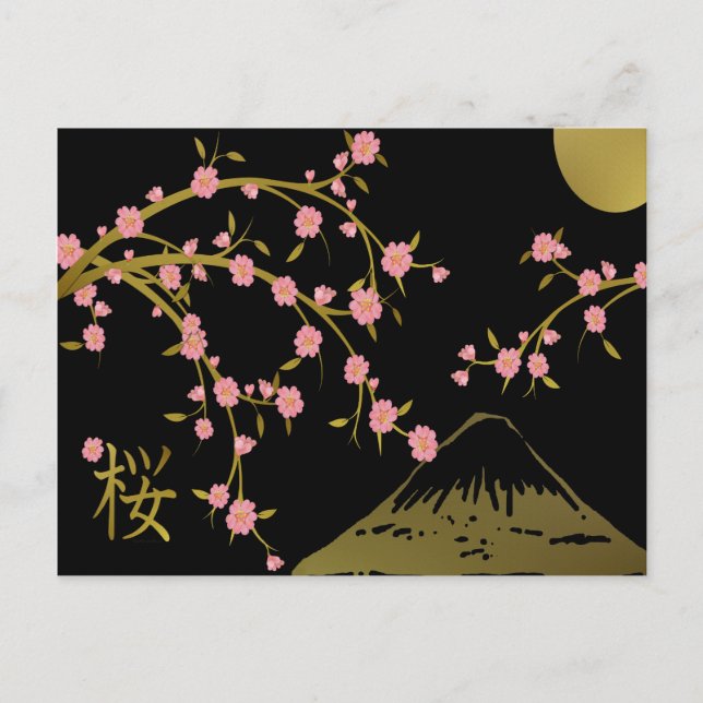 Pink Sakura Gold Black Japanese Screen Postcard (Front)