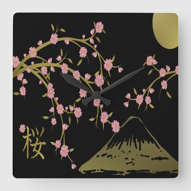 Pink Sakura Gold Black Japanese Screen Square Wall Clock (Front)