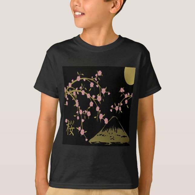 Pink Sakura Gold Black Japanese Screen T-Shirt (Front)