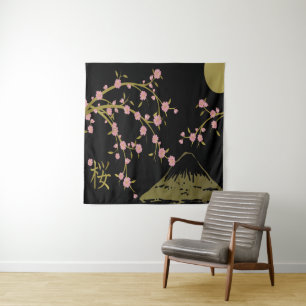 Pink Sakura Gold Black Japanese Screen Tapestry