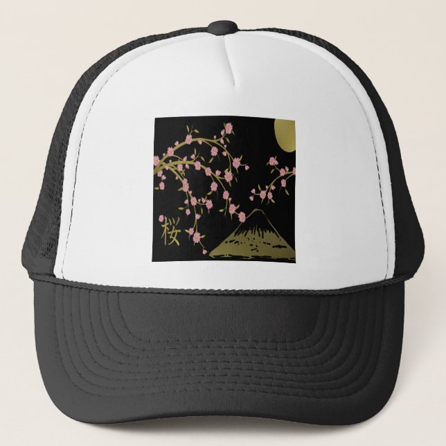 Pink Sakura Gold Black Japanese Screen Trucker Hat (Front)