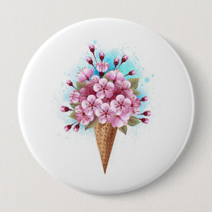Pink Sakura Ice Cream Waffle Cone 10 Cm Round Badge
